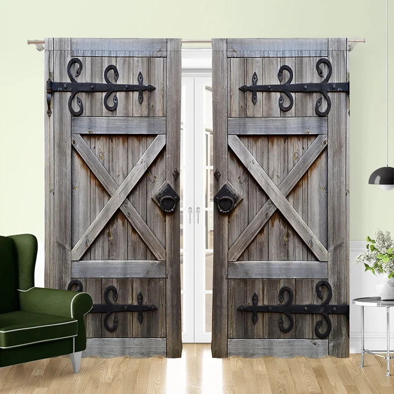 2pcs Rustic Wooden Door Pattern Curtain for Home Decoration - Perfect for Bathroom, Living Room, and Bedroom Windows