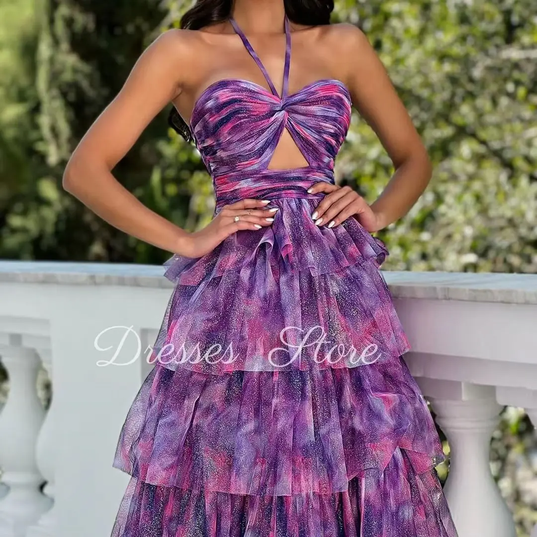 MD Modern New Tie-dye Print Halter Evening Gown Pleat Tiered Side Slit Special occasion Dress فساتين سهرة customised