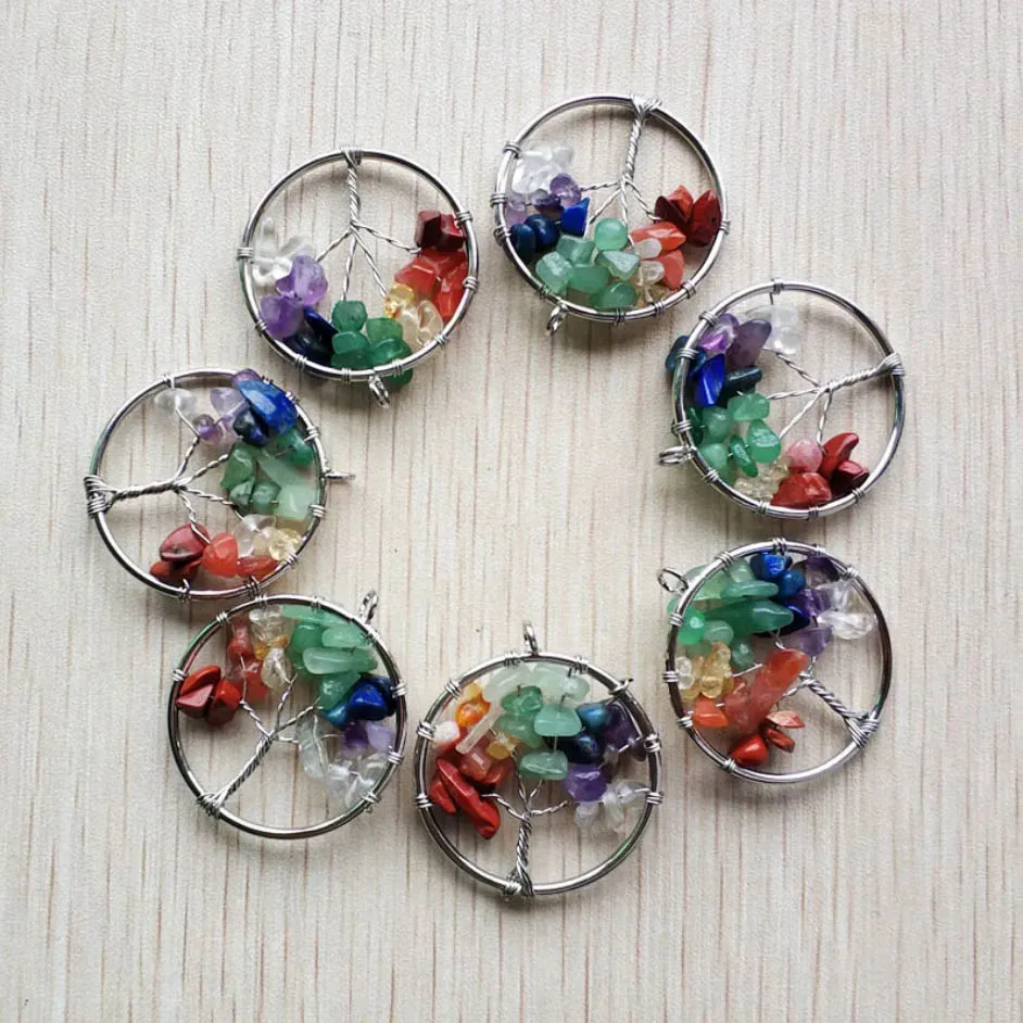 Fashion natural stone 7 chakras Tree of life handmade wire wrapped pendants 30mm for jewelry marking Wholesale 12pcs/lot