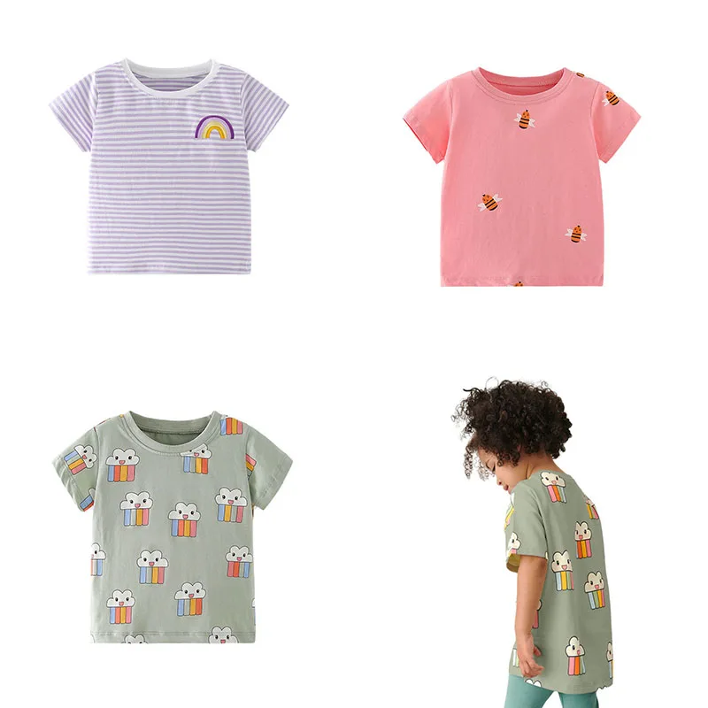 

Summer Girls T-Shirts 2-7T Striped Rainbow Applique Short Sleeve Bee Printed Kids Tees Tops Baby Costume Children's Clothes
