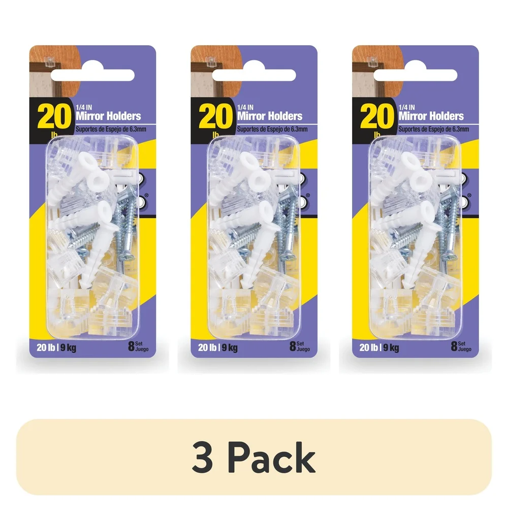3 Pack Square Mirror Hanger Clips Plastic Easy Installation Holds Up to 20 lbs Includes Hardware 1/4 Inch Wide Clips