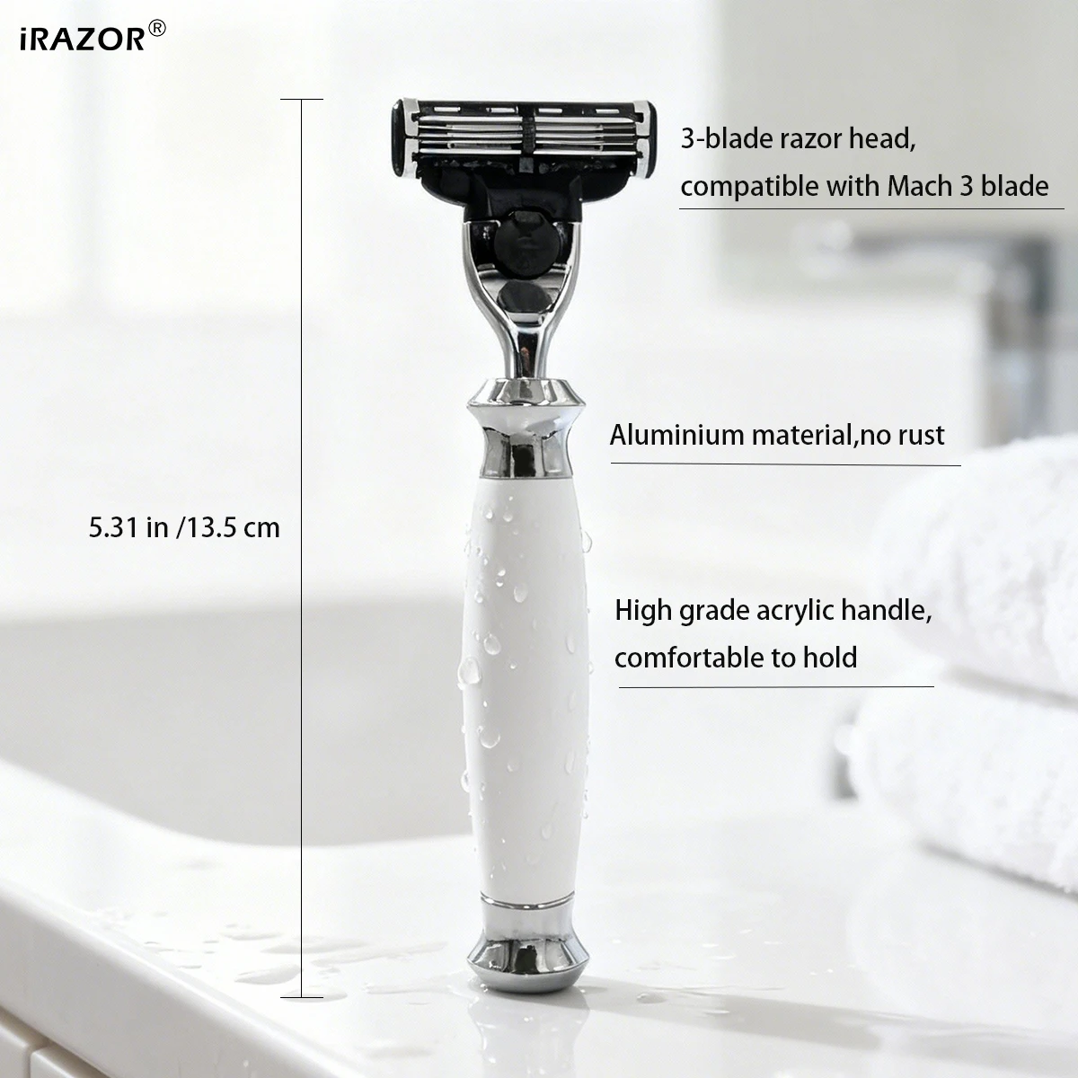 iRAZOR  3-Blade Manual Razor for Men Beard Shaving Tool with White Acrylic Handle Hair Removal Barber Grooming Accessory