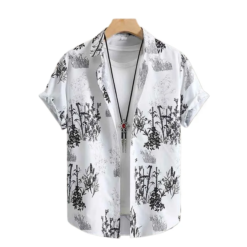 Bamboo Pattern Hawaiian Shirt, Men's Casual Allover Print Short Sleeve Shirt For Summer Beach Vacation Resort