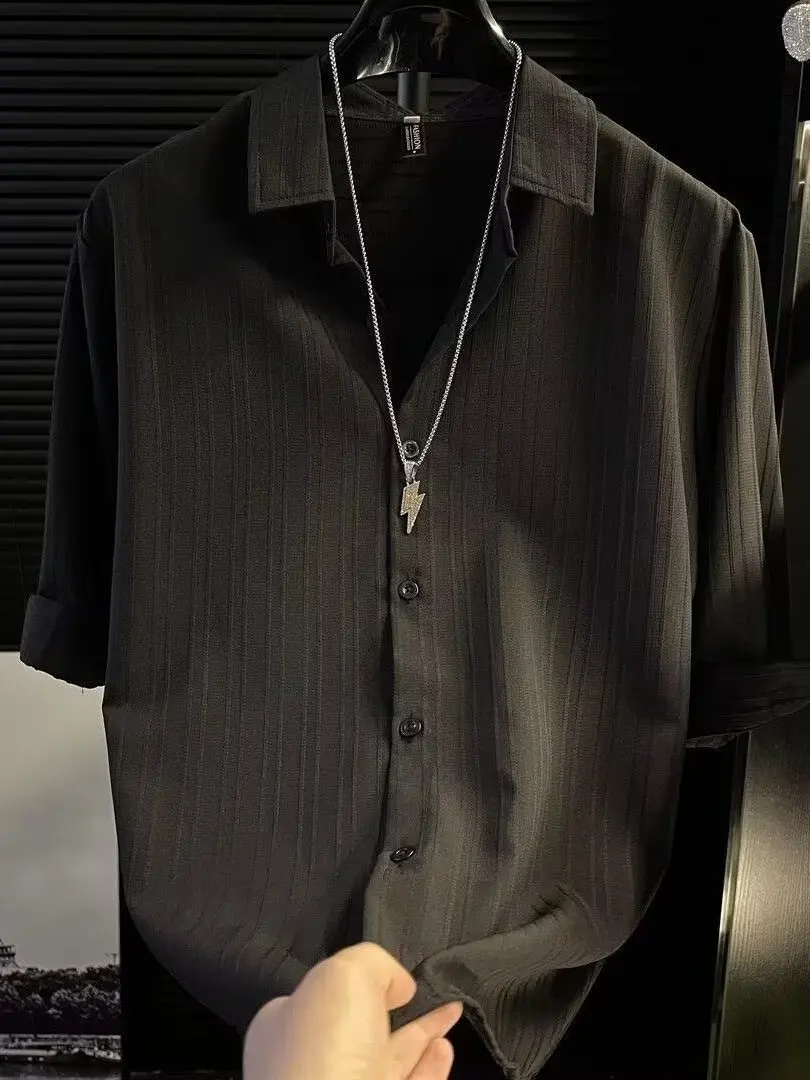 

Ice Silk Men's Shirt Summer Thin Design Half Sleeve Hairstylist Standard Fit Casual Style Breathable Cool Feeling Polyester