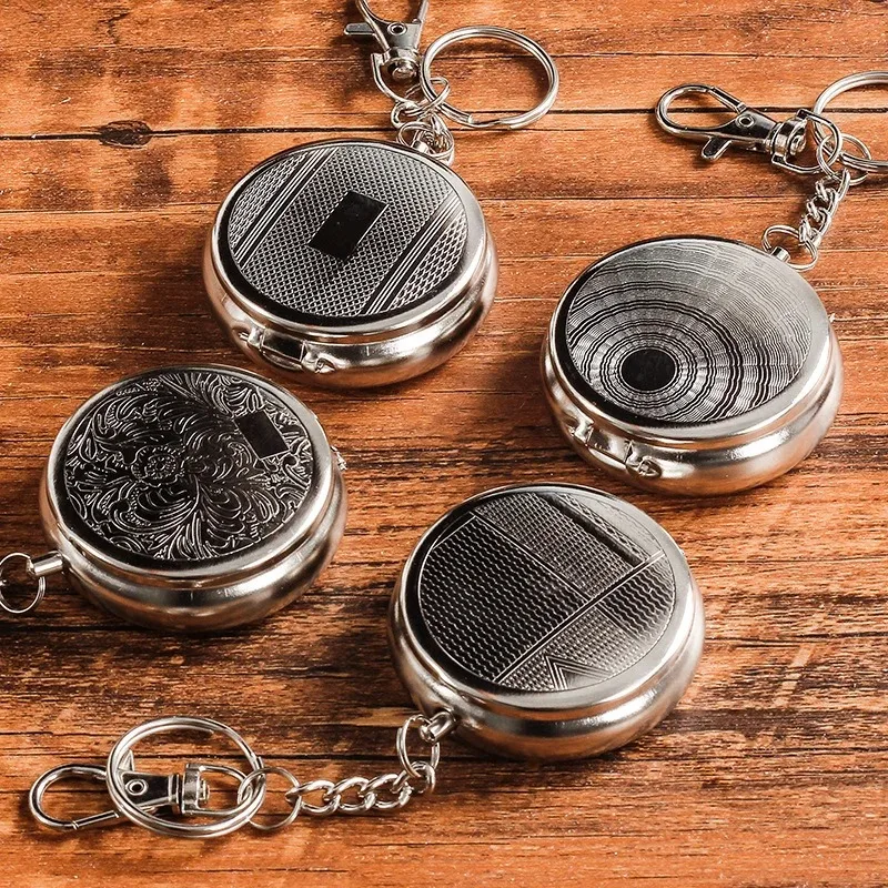 Mini Stainless Steel Car Cigarette Ashtray Portable Pocket Ash Holder With Keychain Random Pattern Auto Accessory