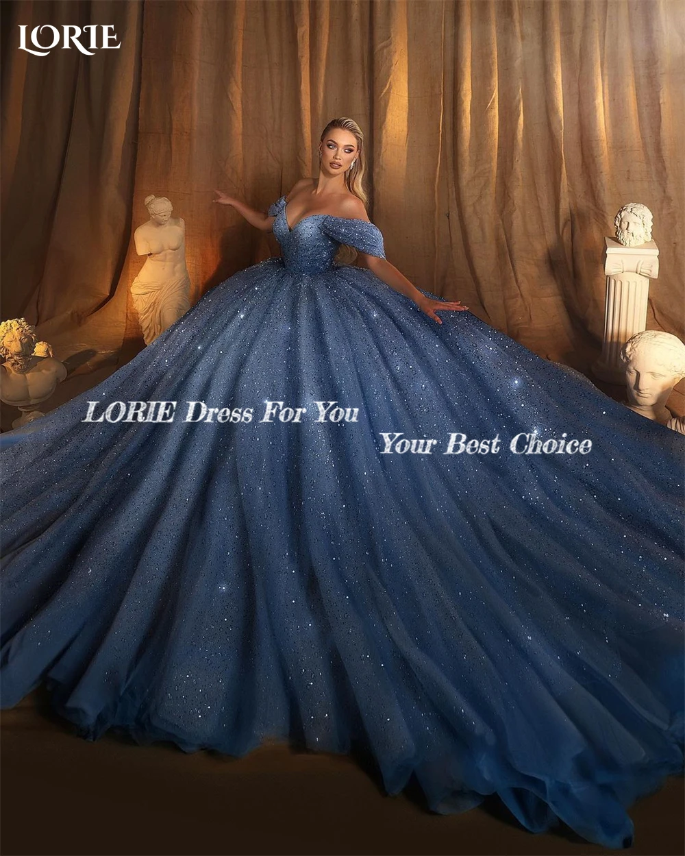 LORIE Royal Blue Glitter Wedding Dresses Off Shoulder Puffy Sparkly Bridal Ball Gown Sequin Princess Bride Gown Customized