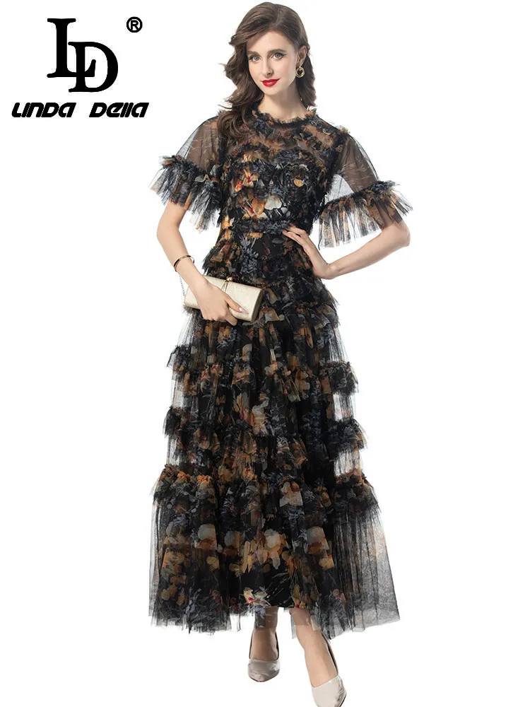 

LD LINDA DELLA 2024 Summer Fashion Dress Women Vintage Flowers Print Net Yarn Flutter Cascading Ruffle Temperament Sexy Dresses