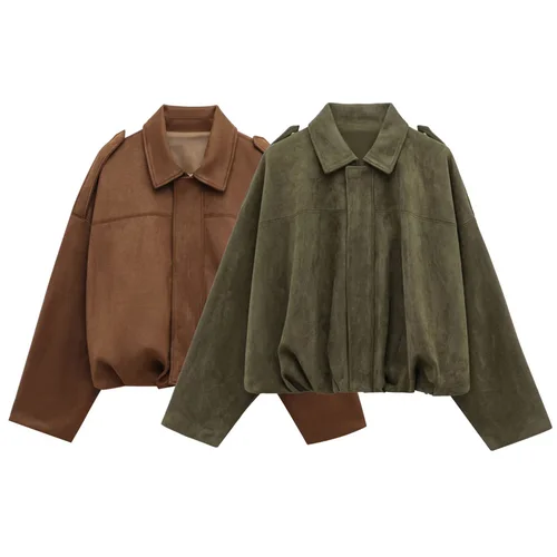 Imagen 2 del producto HXAO Chaqueta corta de gamuza para mujer, chaqueta Bomber de primavera para mujer, prendas de vestir exteriores de talla grande, nuevas abrigos y chaquetas, abrigos de manga larga de gran tamaño