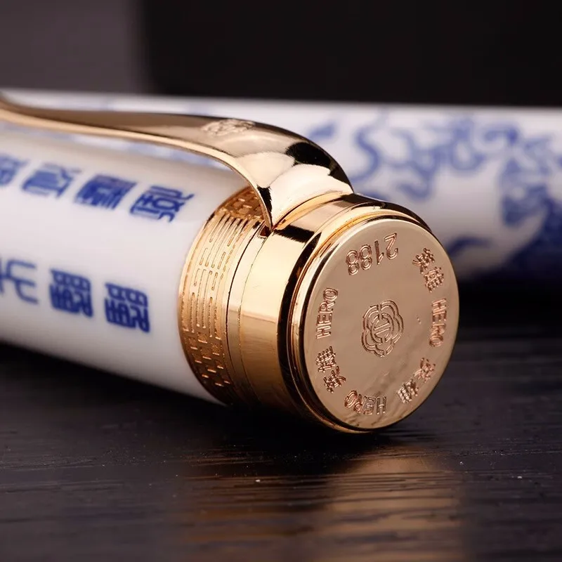 HERO 2188 New Ceramic 14K Gold Fountain Pen Blue and White Porcelain No.6 F 0.5mm Nib Retro Calligraphy Pen Luxury Writing Gifts