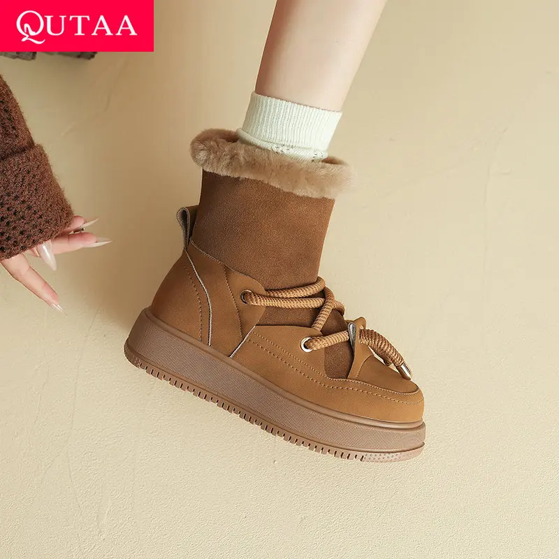 

QUTAA Fashion Women Ankle Boots Winter Shoes Genuine Leather Wool Warm High Heels Zipper Snow Boots Lace-up Round Toe 34-39