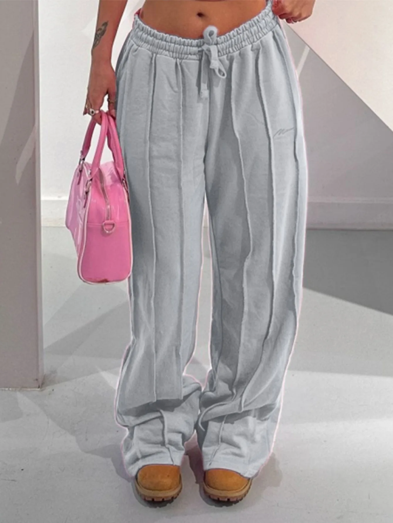 Women Pants Mid Waist Drawstring Trousers Wide Leg Pant Office Lady Elegant Loose Slight Strech Capris Summer Y2k Streetwear