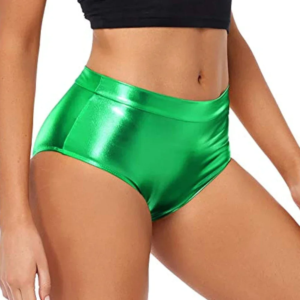 

Women Solid Color Shinny Metallic Briefs Cheer Shorts Rave Pole Dance Bottoms Clubwear Shinny Panties Music Festival Underwear