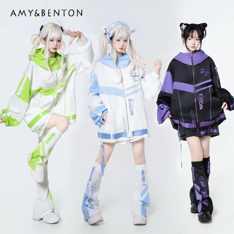 Functional Style Full Set Women Japanese Mine Series Subculture Hooded Oversized Jacket Gothic Punk Style Casual Sports Suit