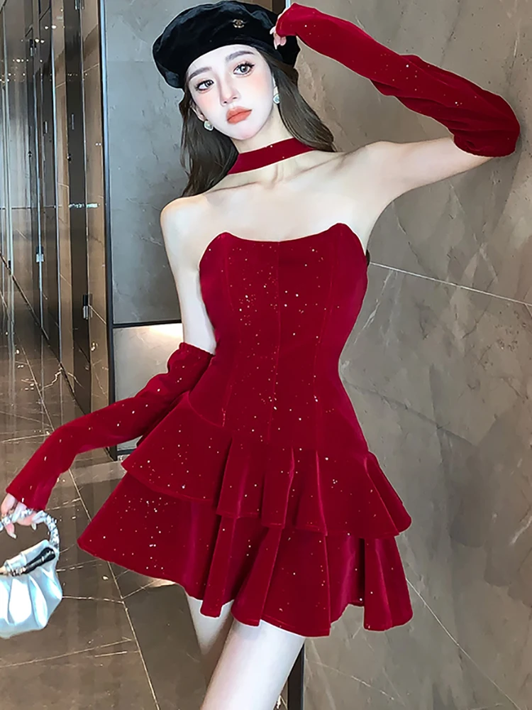 Fashion Sequins Luxury New Year Red Dress Women Autumn Winter Velvet Chic Tierred Sexy Mini Dress 2024 Korean Vintage Prom Dress