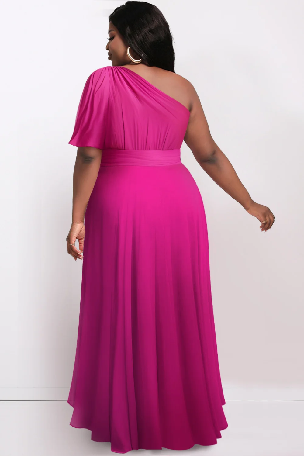 Women Plus Size Formal Hot Pink Oblique Collar Short Sleeve Irregular Hem Ruffled Fold Chiffon Elegant Wedding Guest Maxi Dresse