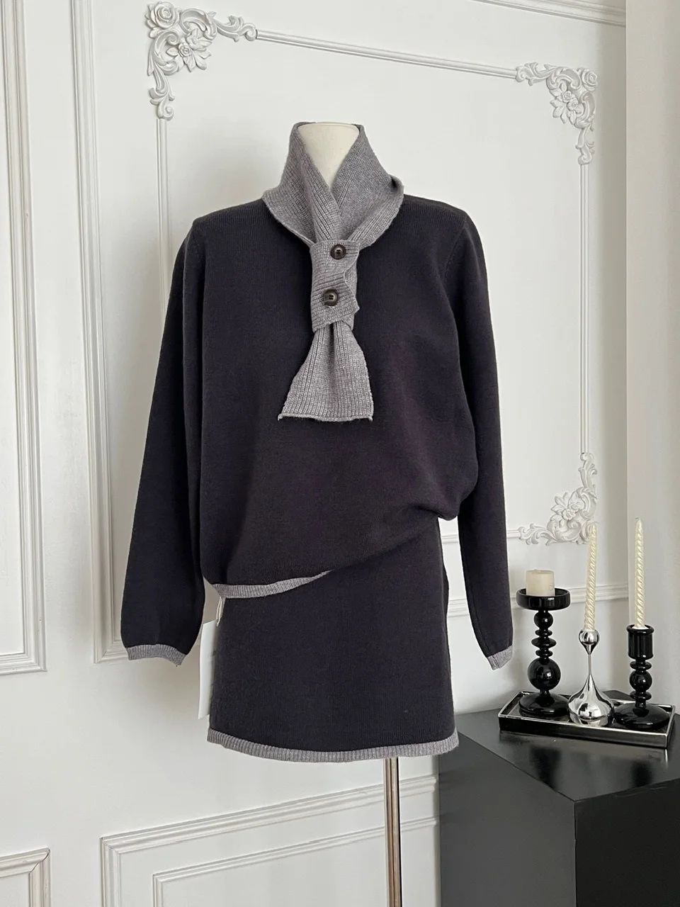 Winter Casual Matte Pullover Rock Set mit Krawatte Farbe Blo Faionable Damen Strickkleidung Polyesterfaser Head over Heels