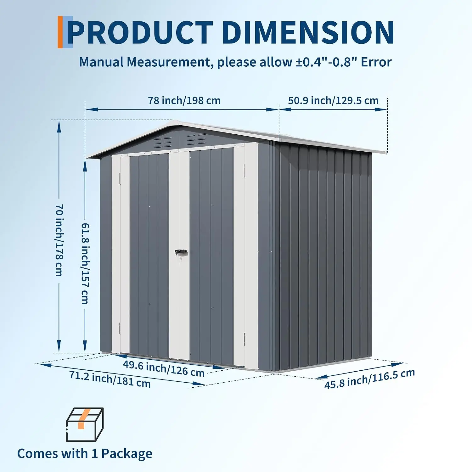 6 x 4 FT Outdoor Storage Shed Gray Metal Garden Tool Shed with Gable Roof Wide Double Doors for Lawn Equipment Patio Supplies Backyard Garden