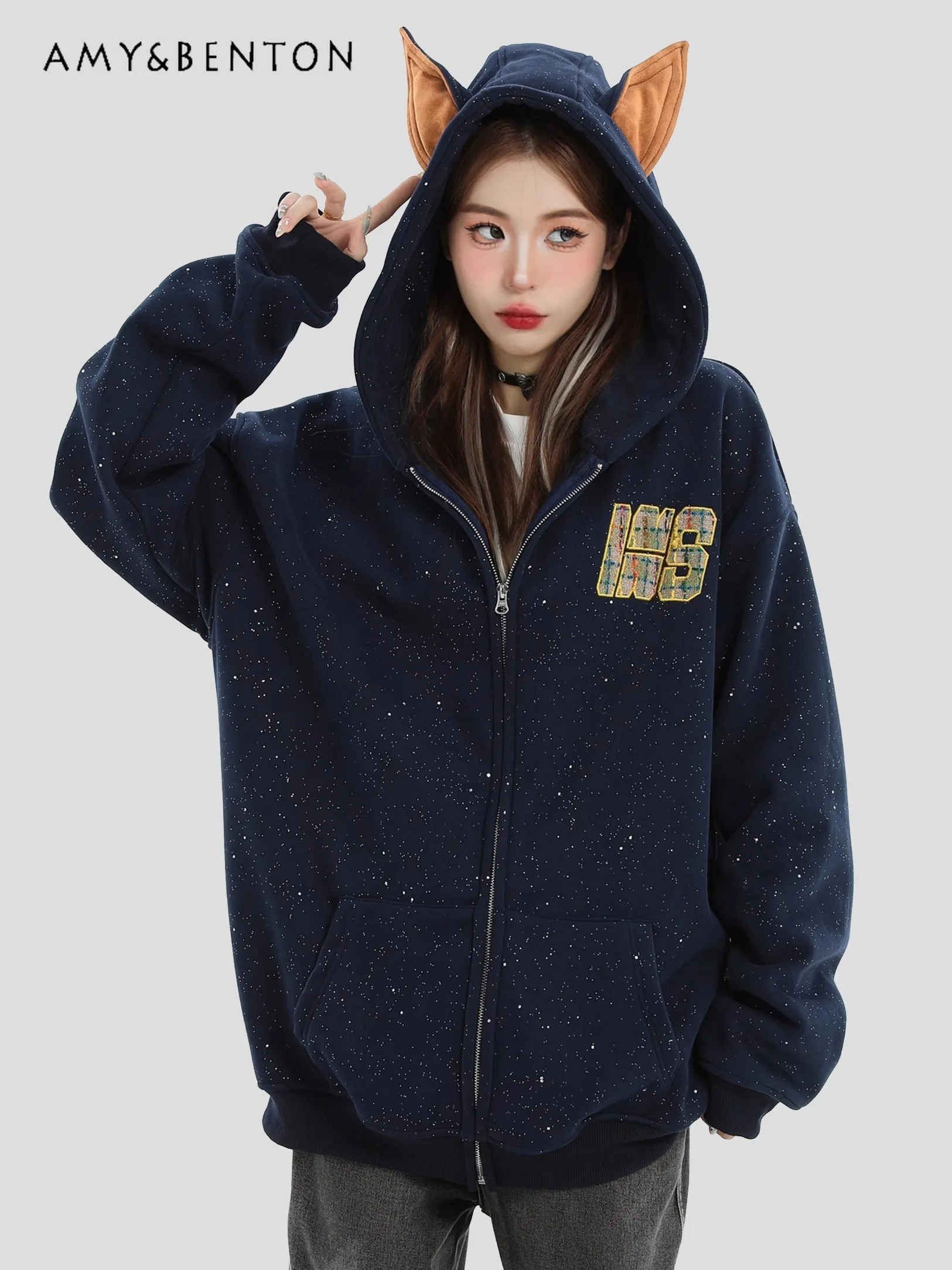 

Spring and Autumn American Style Women's Doberman Ears Black Hoodie Navy Blue Gray Starry Sky Couple Style Velvet Cardigan