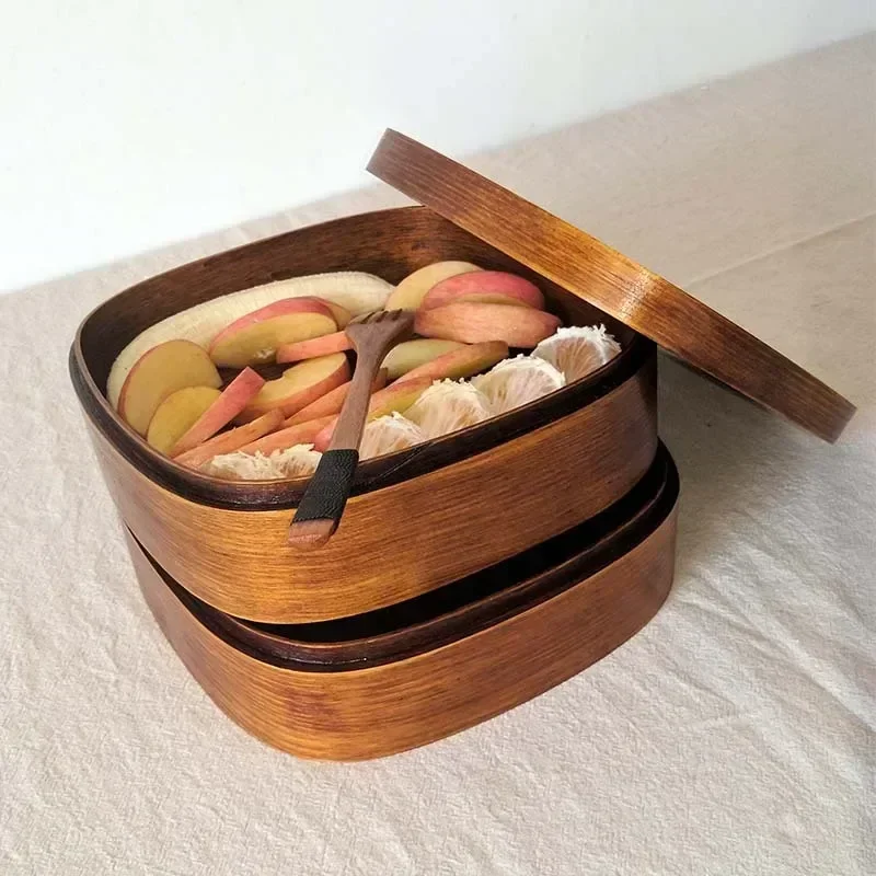 Japanese Wooden Lunch Box Picnic Bento Box Student Lunchbox Double Layer with Spoon Fork Tableware Set Sushi Food Container