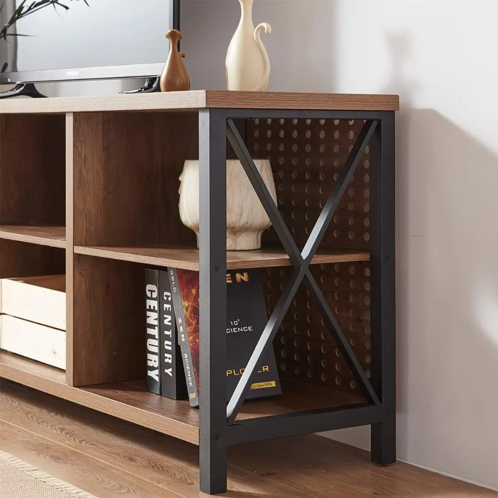 حامل تلفزيون من الخشب والمعدن على الطراز الصناعي لأجهزة التلفاز مقاس 65 بوصة مع وحدة تحكم الوسائط الحديثة ورف تخزين