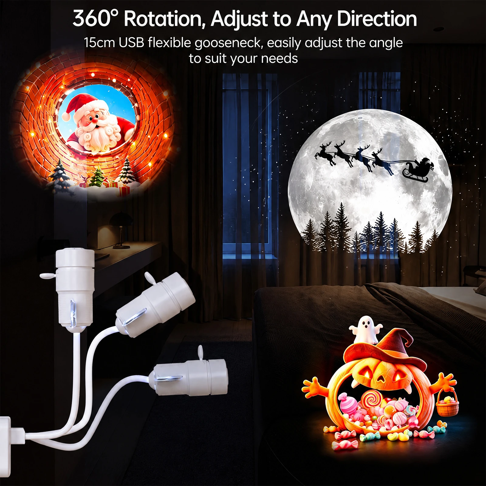 Christmas Halloween Projector Night Light, Plug-in-Play and 360° Flexible Neck Holiday Ambient Lamp with 14/16 Films, Auto Decor