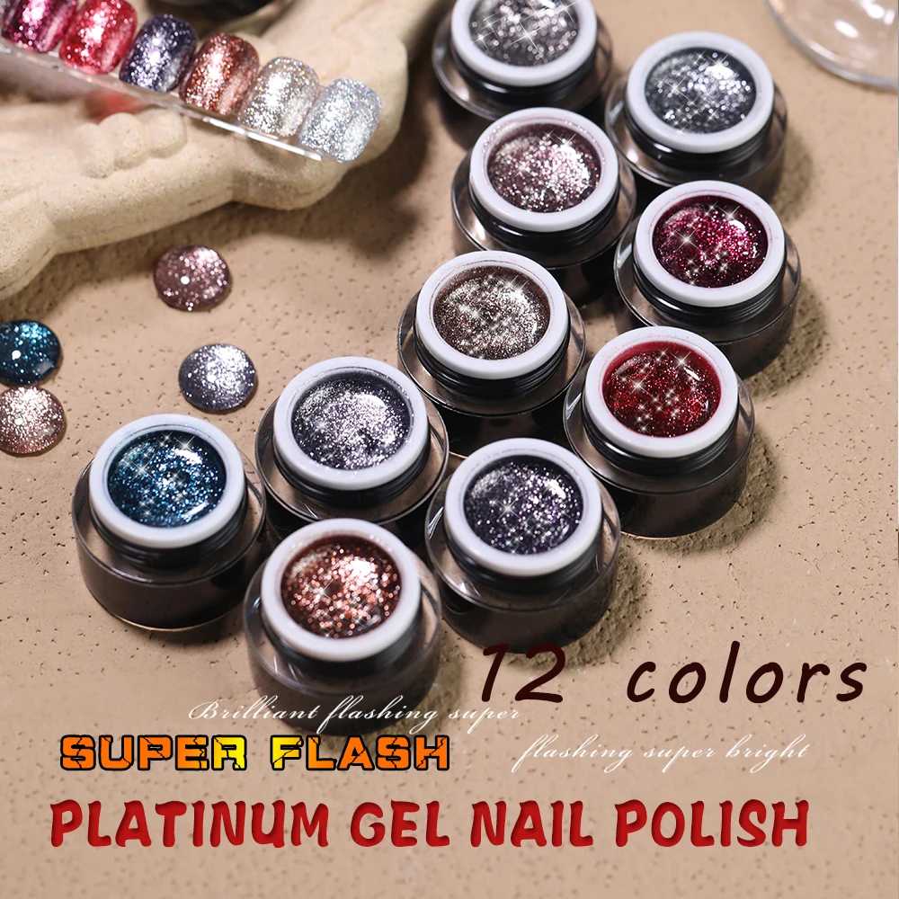 Vendeeni 12 Colors High Flash Platinum Glitter Gel Nail Polish UV Bling Galaxy Starry Sky Metal Powder Manicure Nail Varnish