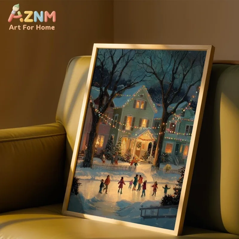 Vintage Winter Ice Skating Canvas Wall Art Snowy Christmas Evening Kids Playing Scene Holiday Wall Print Unframed Canvas Poster