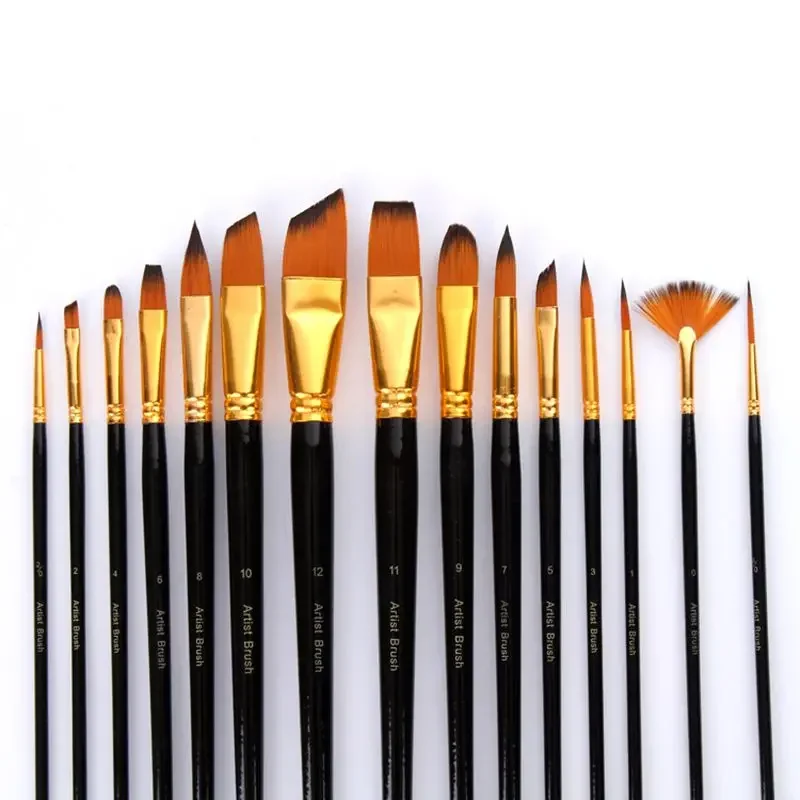 15Pcs/Set Multitype Oil Watercolor Painting Brushes with Zipper Canvas Bag Acrylic Painting Brushes Set Professional Art Supply