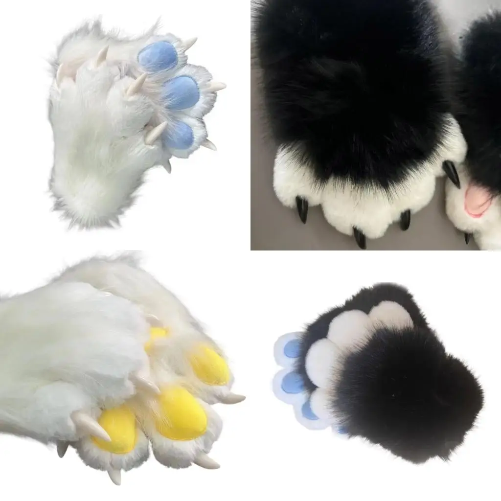 

39BB Faux Furs Plush Cats Claw Gloves Fursuit Animal Foxes Paws Mittens Halloween Cosplay Costume Accessories Adult Kids