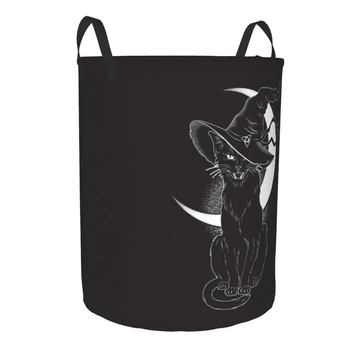 Black Cat With Pointy Witch Hat Laundry Hamper Large Storage Basket Halloween Night Spooky Moon Girls Boys Toy Organizer