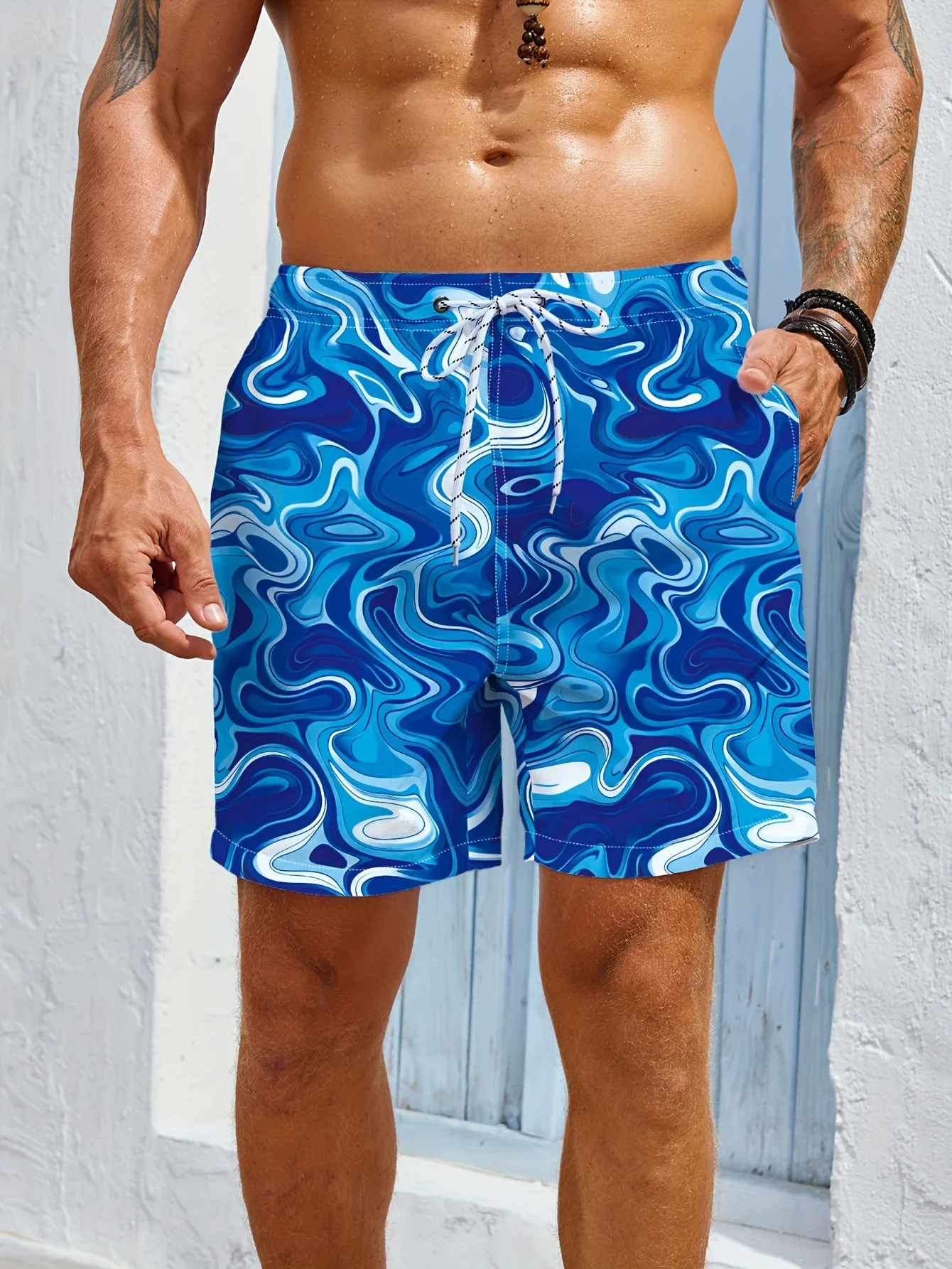 หลวม Blue Swirl พิมพ์กางเกงขาสั้นชายหาดผู้ชายผู้หญิงฤดูร้อนฮาวายว่ายน้ําท่องผู้ชายกางเกงขาสั้น Street Casual Unisex สั้นกางเกง