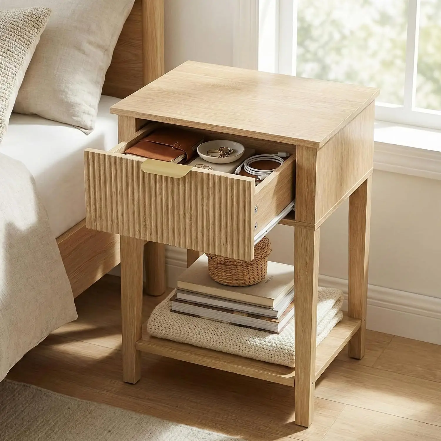 FuniXpress Small Nightstands Set of 2, Drawer Shelf, Natural Oak Fluted | Matching set of 2, 15