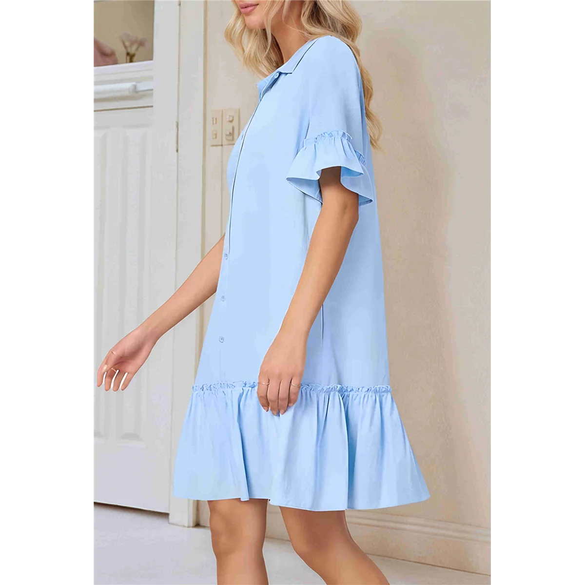 Women'S Summer Button Down Shirt Dress Casual Ruffle Sleeve Shift Mini Dresses with Pockets Light Blue XXL