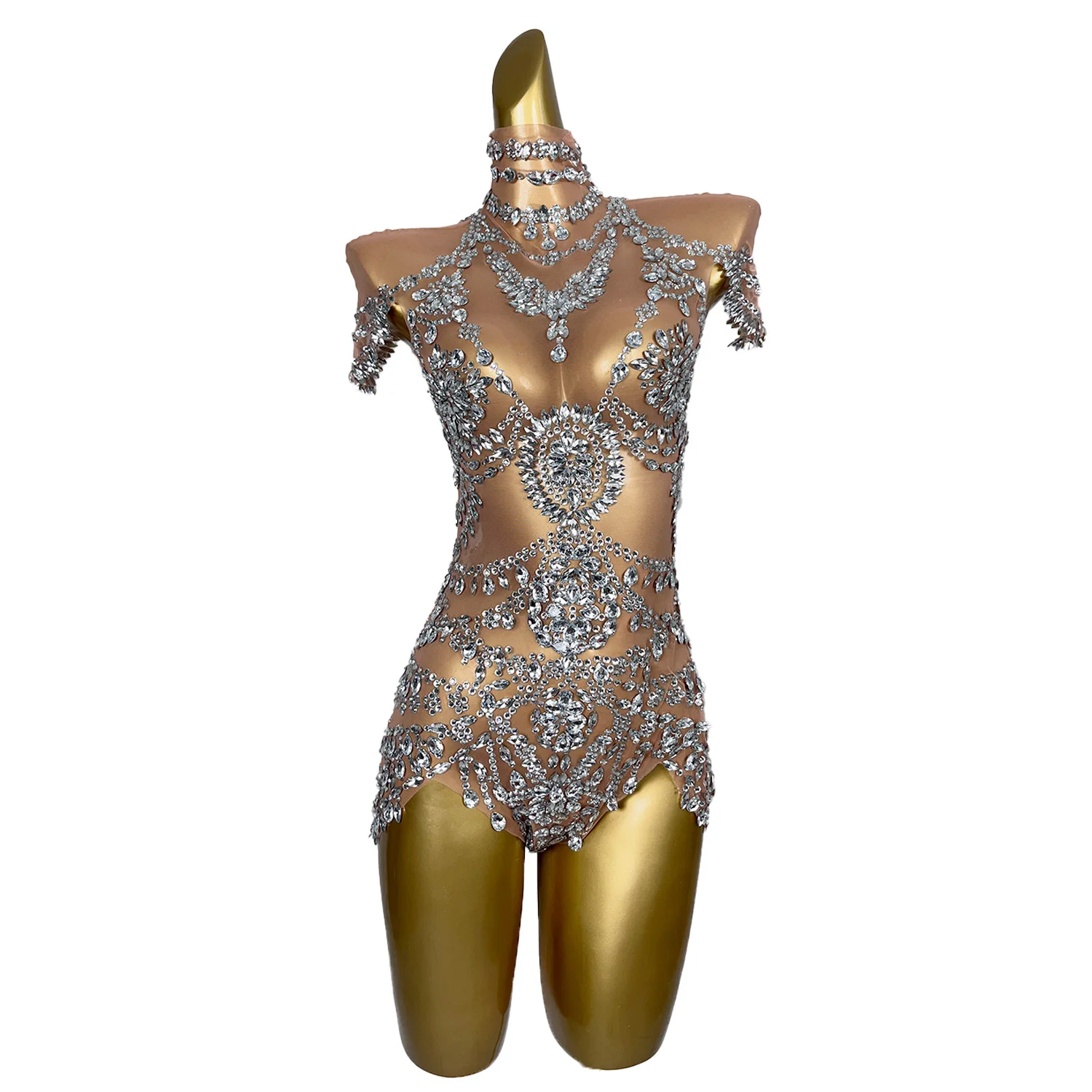 Sexy Bühne Sparkly Strass Bodys Luxus Frauen Ein Stück Stretch Sheer Mesh Kurze Dance Drag Queen Kostüm Wuniang