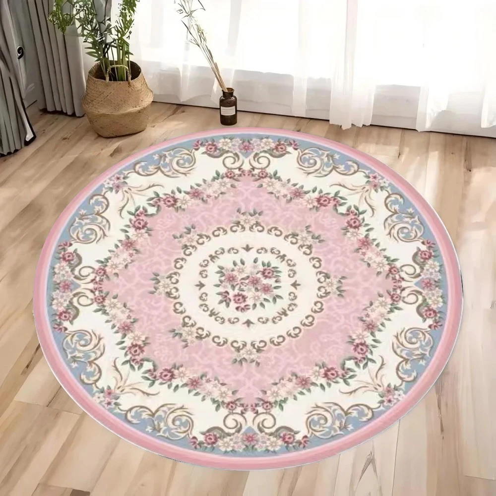 Romantic Floral Round Rug Rosette Pattern Non Slip Soft Floor Carpet for Bedroom Vanity Chair Living Room Home Interior Decor
