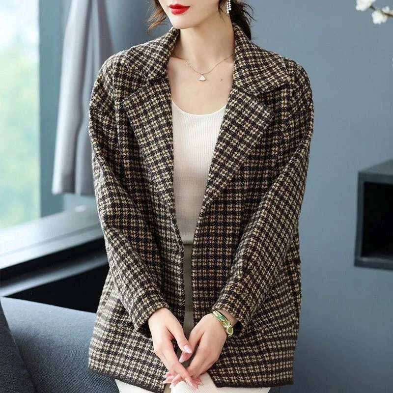 Women Houndstooth Wool Coat 2026 Fall Winter Lapel Open Front Slimming High End Trench Coat