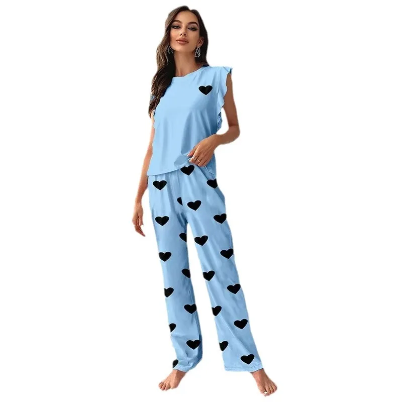 European and American Milk Silk New Xiaofei Sleeves Women's Loungewear Printing Solid Color Thin Pajama Set Can Be Worn Outside
