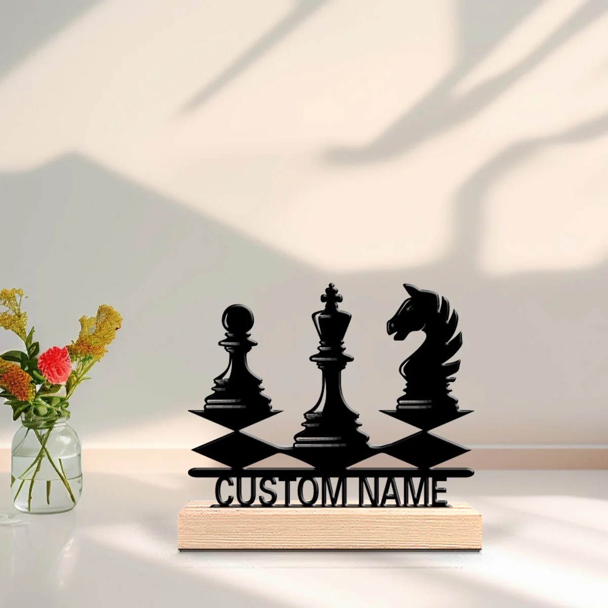 1pc Modern chess Custom Letter Tin Statue Metal Ornament Art Figurine With Wood Base Iron Statue With Wood Base For Boys Gifts