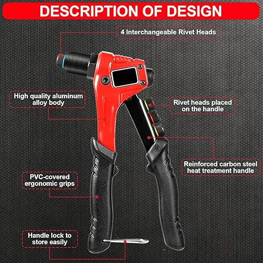 YGTITAN One-Hand Rivet Gun Kit, Heavy Duty Hand Riveter Tool with 4 Interchangeable Heads, 200 Pcs Rivets