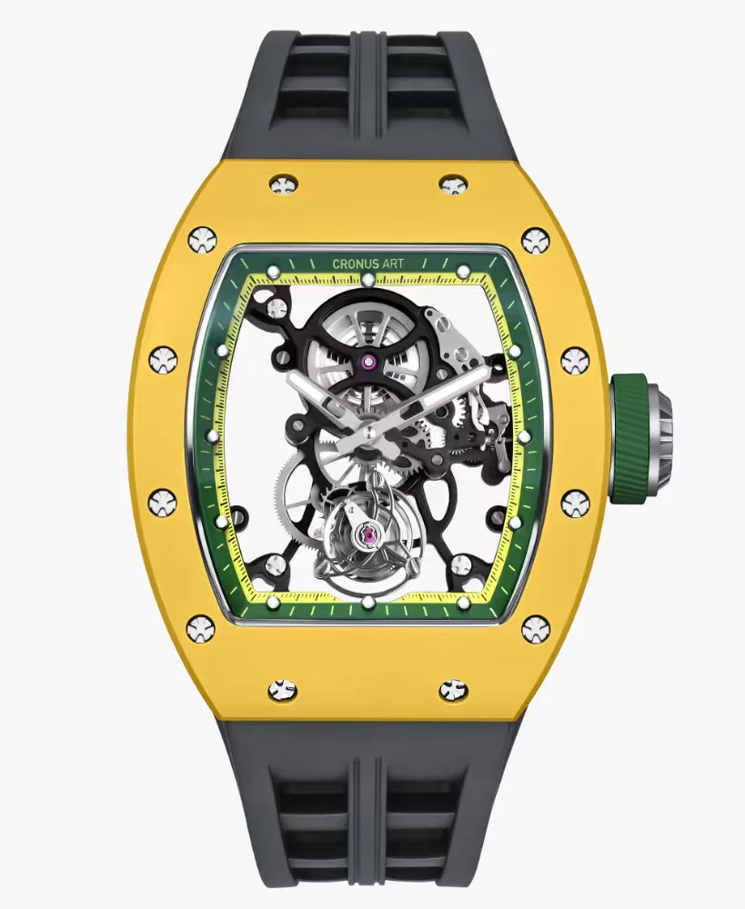 CRONUSART Men Tourbillon Watch 50mm Tonneau Mechanical Wristwatch Ceramic Case Sapphire Case Skeleton Dial Fluororubber Strap