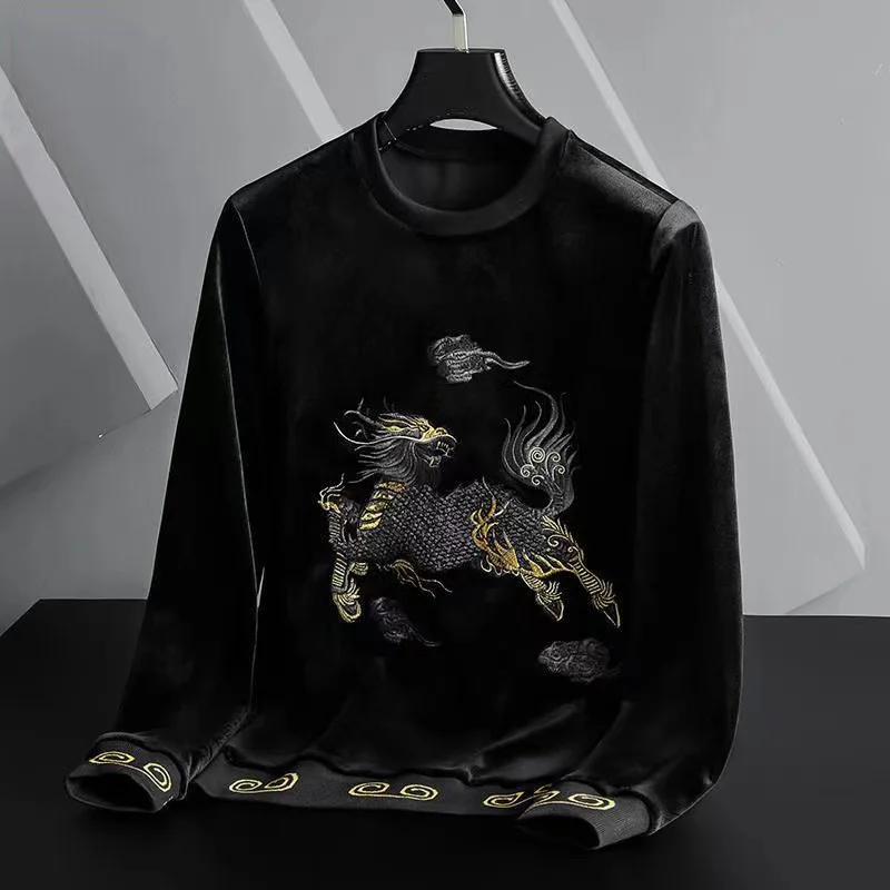 style Kirin Chinese embroidered golden velvet sweater men's autumn and winter trend loose leisure long sleeve top high quality