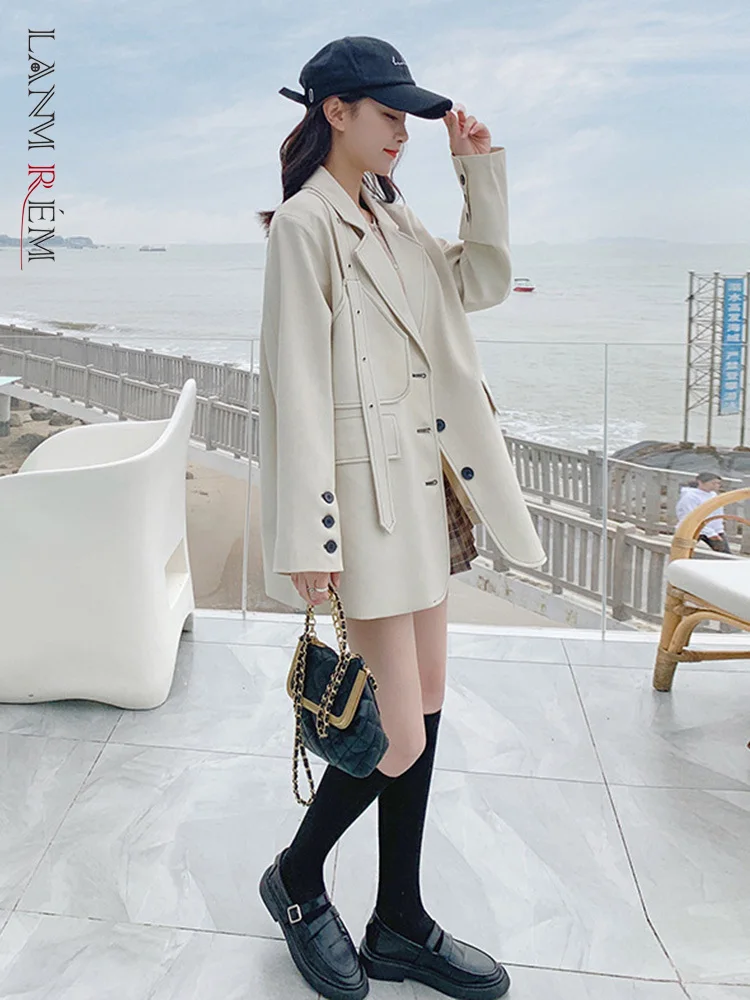 LANMREM Women Solid Color Blazer Coats Belt Decoration Notched Long Sleeve Loose 2024 Spring Female New Clothing 2I172