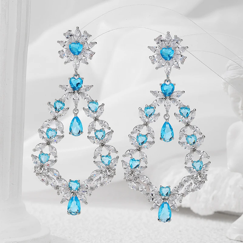 Retro Wreath Design Large Zircon Flower Dangle Earrings Blue Heart,Waterdrop Stone Luxury Women Wedding Earings for Brides