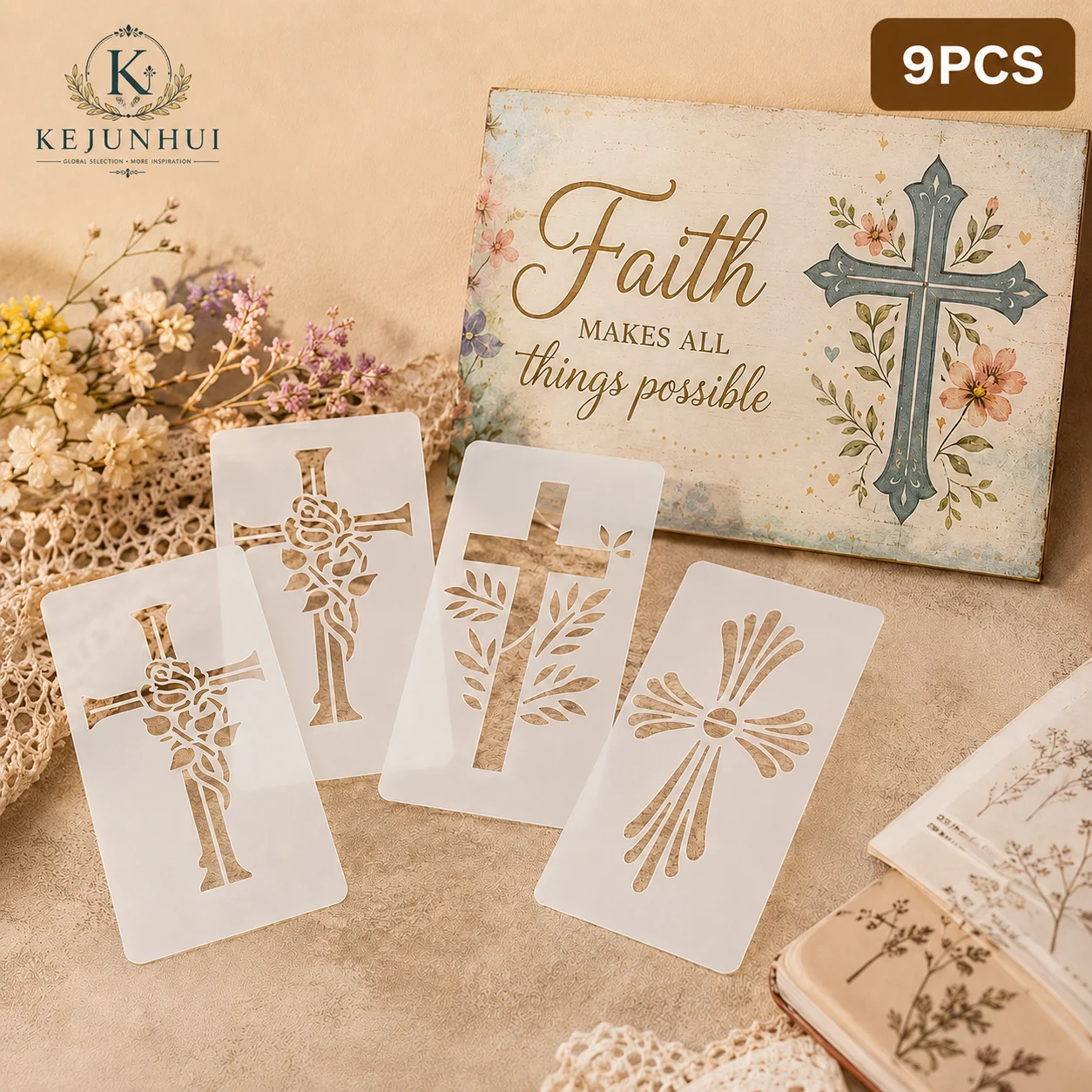 9Pcs 5.9x3.15in Cross Stencils Reusable PET DIY Painting Templates Christian Religious Craft for Wood Wall Fabric Decor