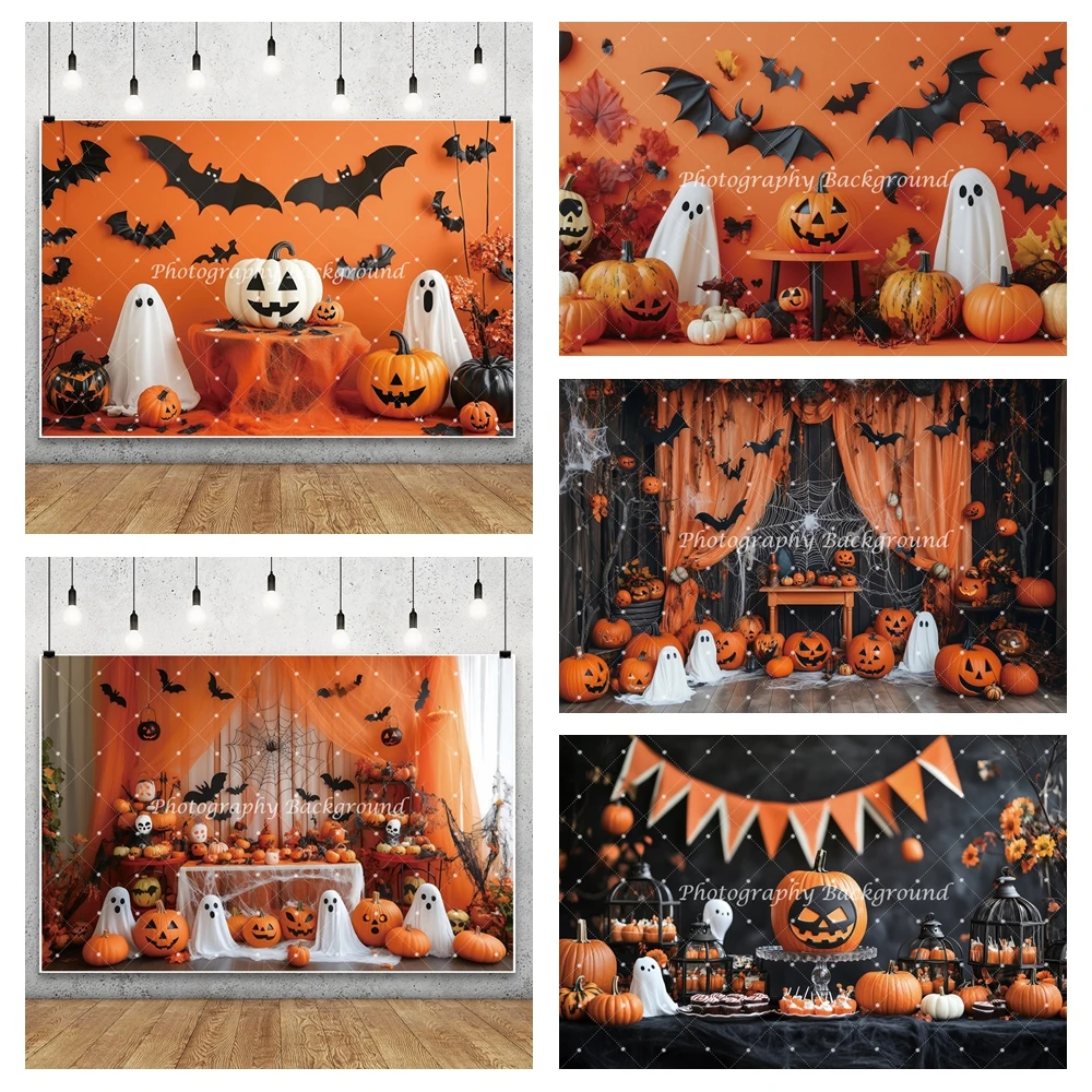 Halloween Photography Background Yellow Curtain Wall Pumpkin Spider Web Bat Ghost Kids Birthday Party Cake Smash Photo Backdrop