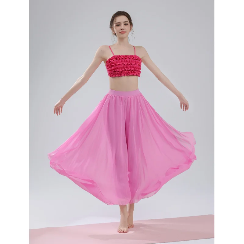 زي رقص اليوغا الكلاسيكي Dunhuang Flying Apsaras للنساء مع حمالة صدر رياضية من الدانتيل وسراويل ممارسة شيفون واسعة