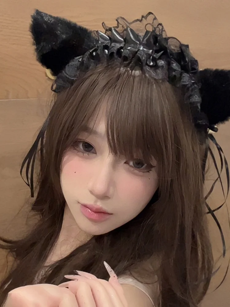 عصابة رأس لطيفة على شكل أذن القطة، أزياء نسائية، عصابة رأس سوداء، أذن حيوان، مشبك شعر على شكل جرس، إكسسوار شعر لوليتا