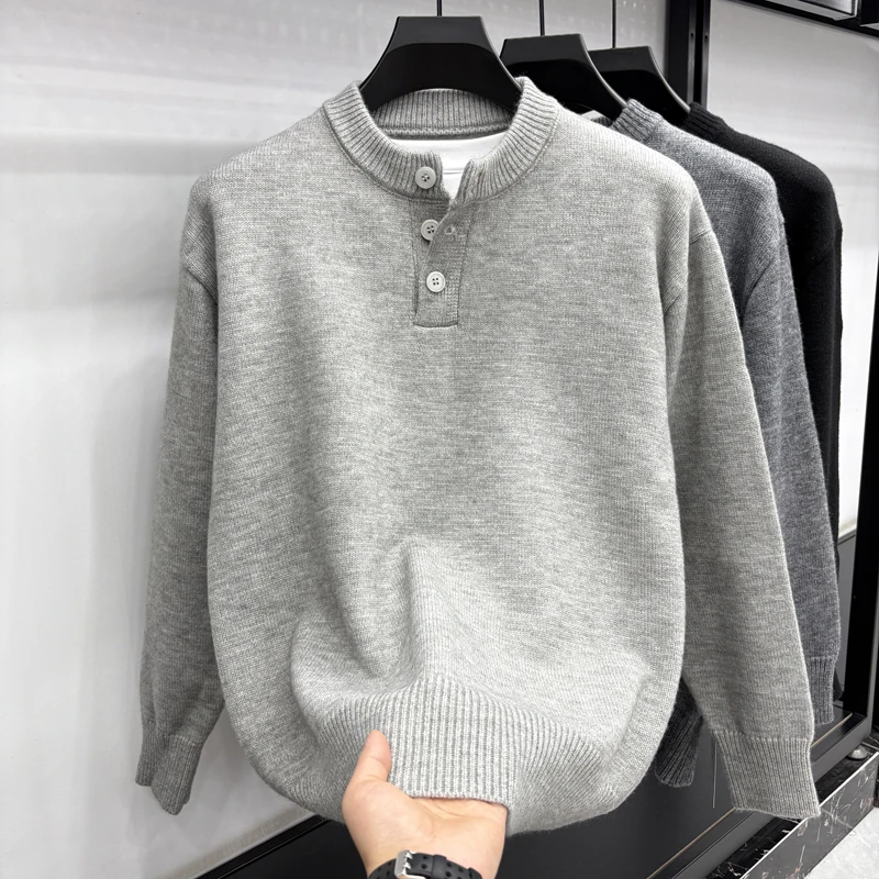 

Autumn and winter men's round-neck casual knitted sweater fashionable sweater floral gray, high weight henley collar base shirt