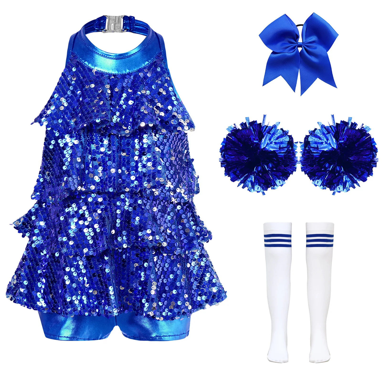 Crianças meninas cheerleading traje outfits halter brilhante lantejoulas dança collant vestido cheerleader torcendo equipe wear conjuntos de dança