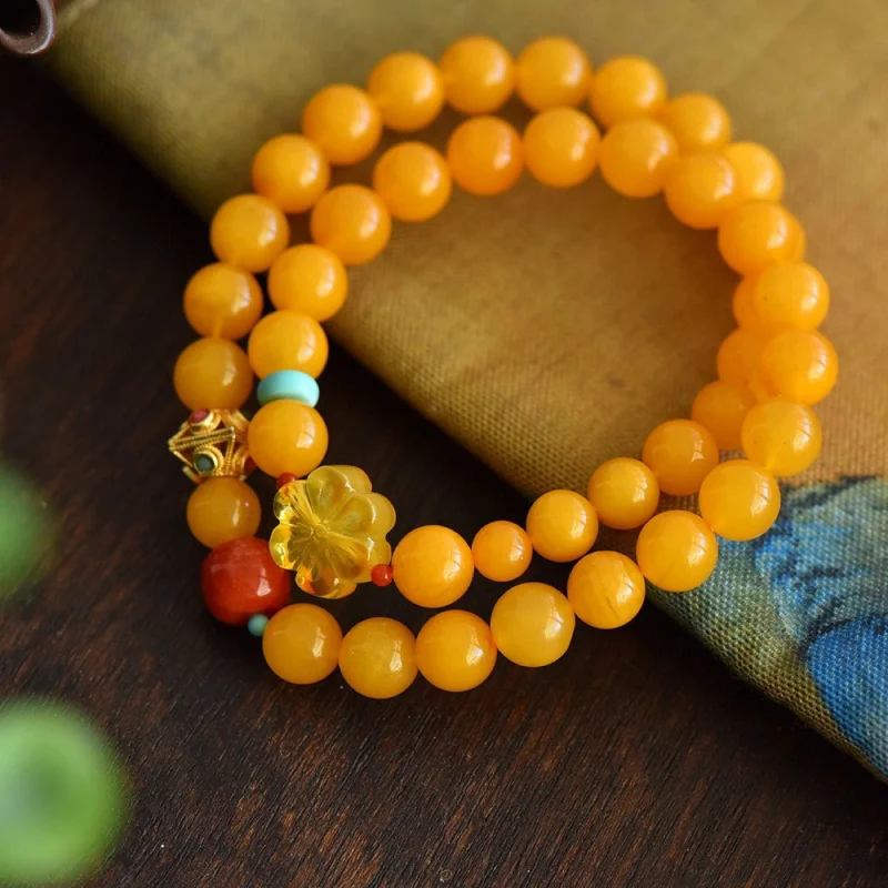 Natural Chicken Fat Yellow Old Beeswax Two Circle Bracelet with Red Agate Amber Plum Blossom 8-9mm